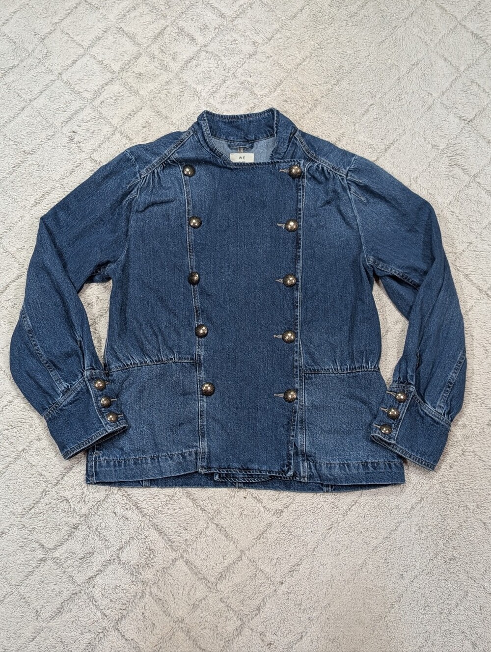 Free People Jacket Womens L Blue Imogene Denim Double Officer Ensign Wash